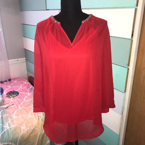 Liz Claiborne 3/4-Sleeve Embellished V- Neck Blouse Size XL. Red, Rhinestones - Picture 3 of 7